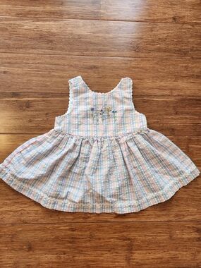Vintage All Mine Pastel Plaid Girls Dress Embroidered Flower Detail, 12 Months
